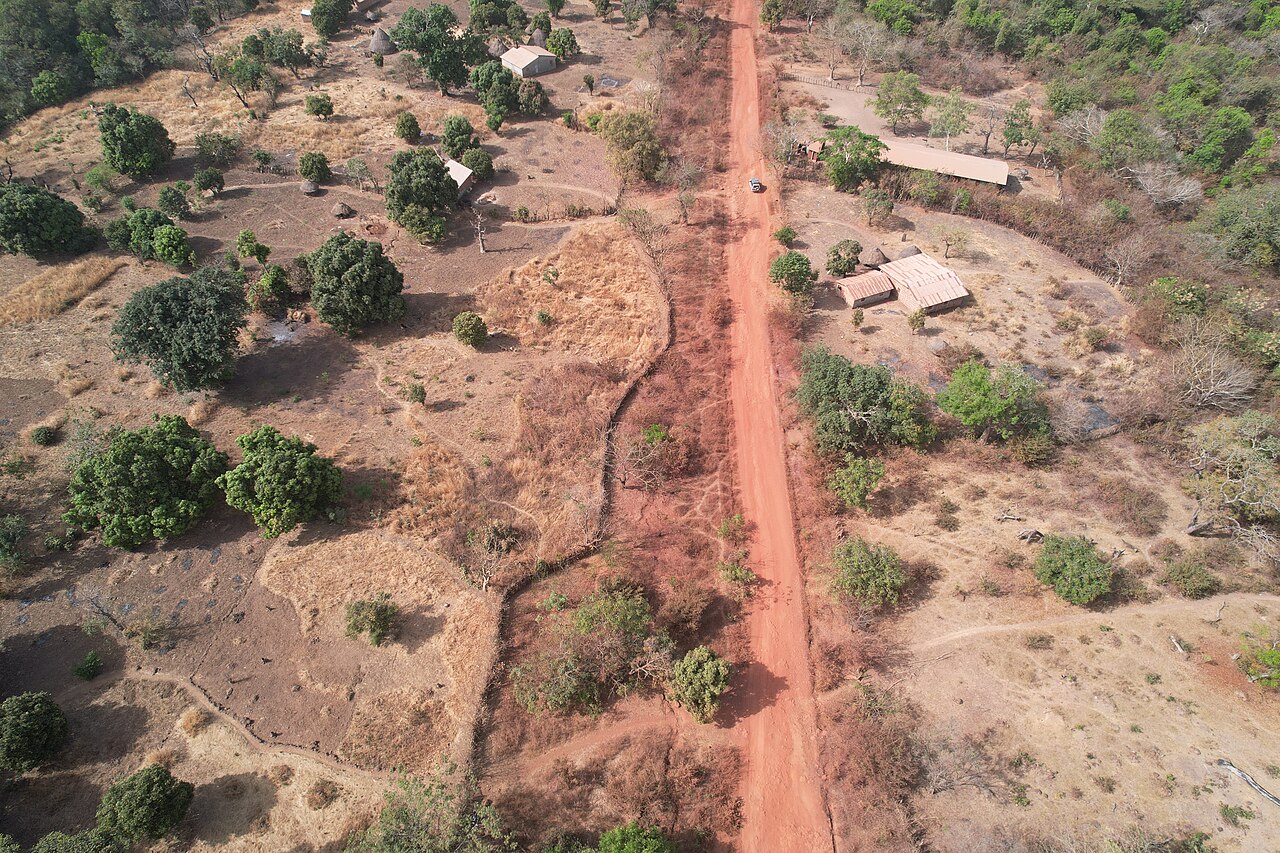 Aerial view of a red dirt road running past houses and trees in a village near Labé, Guinea