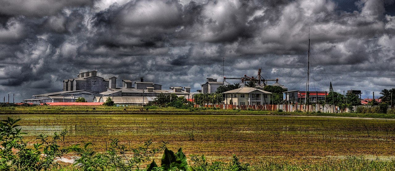 Rice mill buildings and storage silos beside a flooded paddy field in Guyana under heavy dark clouds.