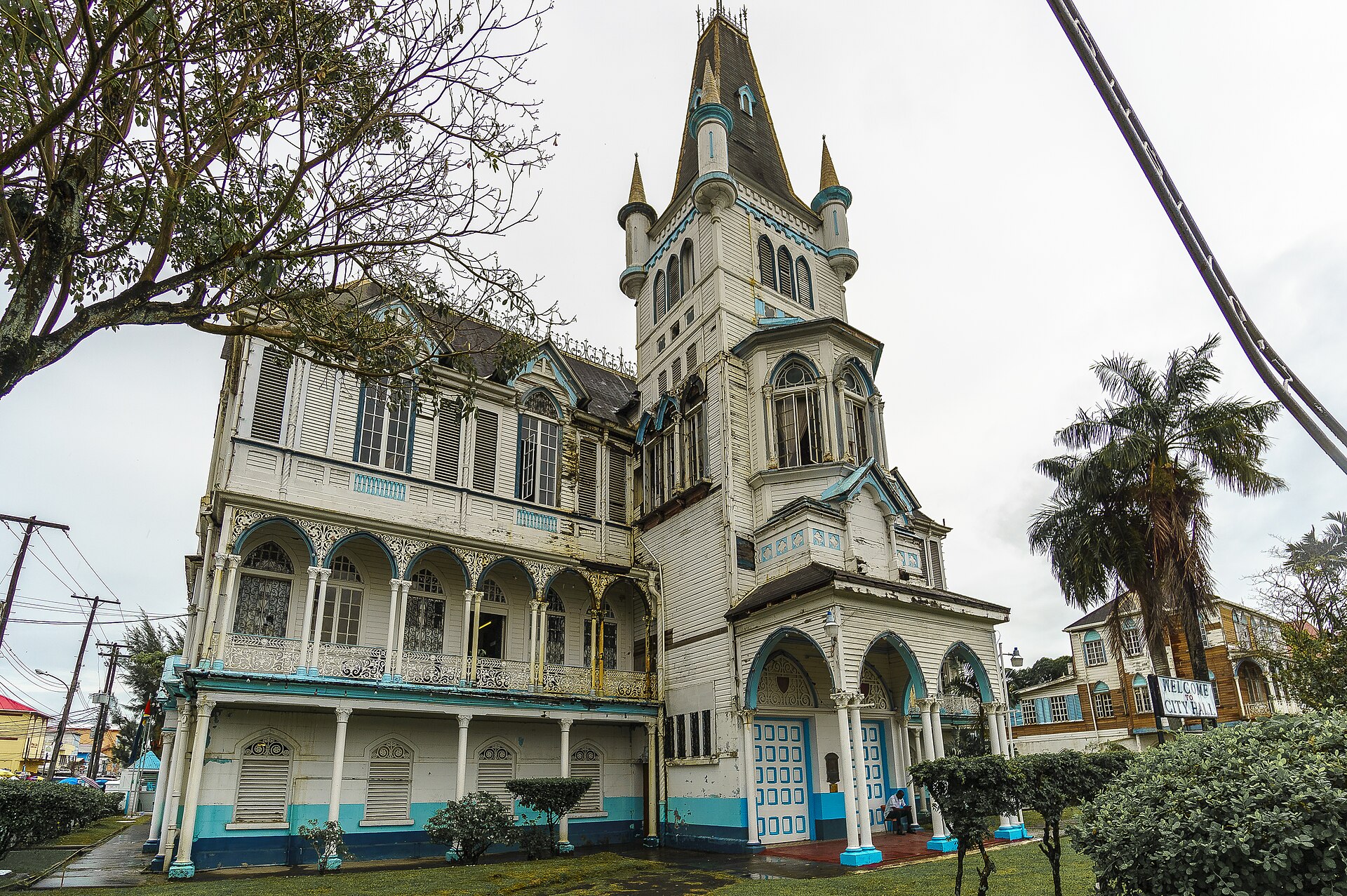 Georgetown City Hall, a Victorian-era wooden building with a tall tower, in Georgetown, Guyana