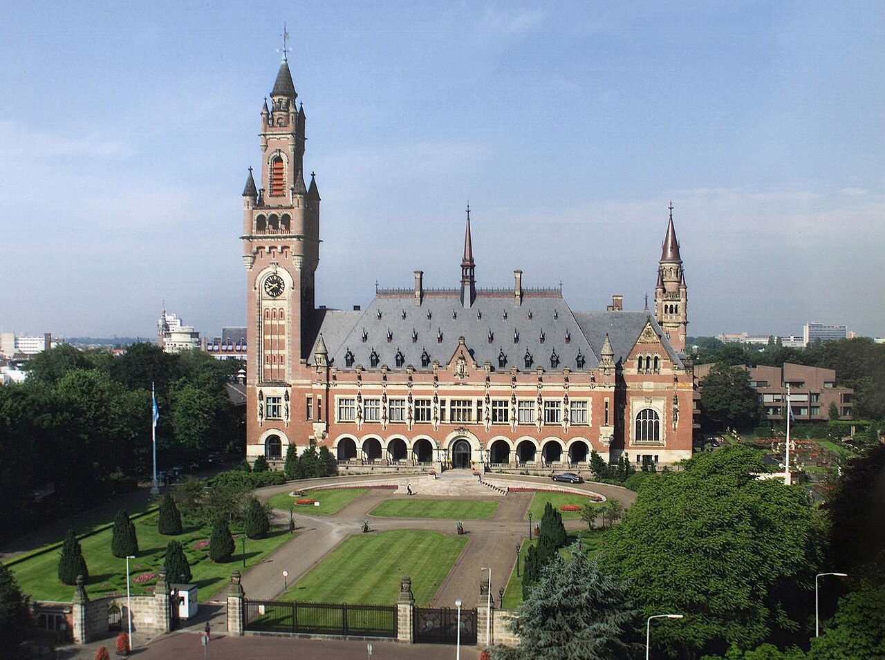 The Peace Palace in The Hague, seat of the International Court of Justice, with its clock tower and gardens