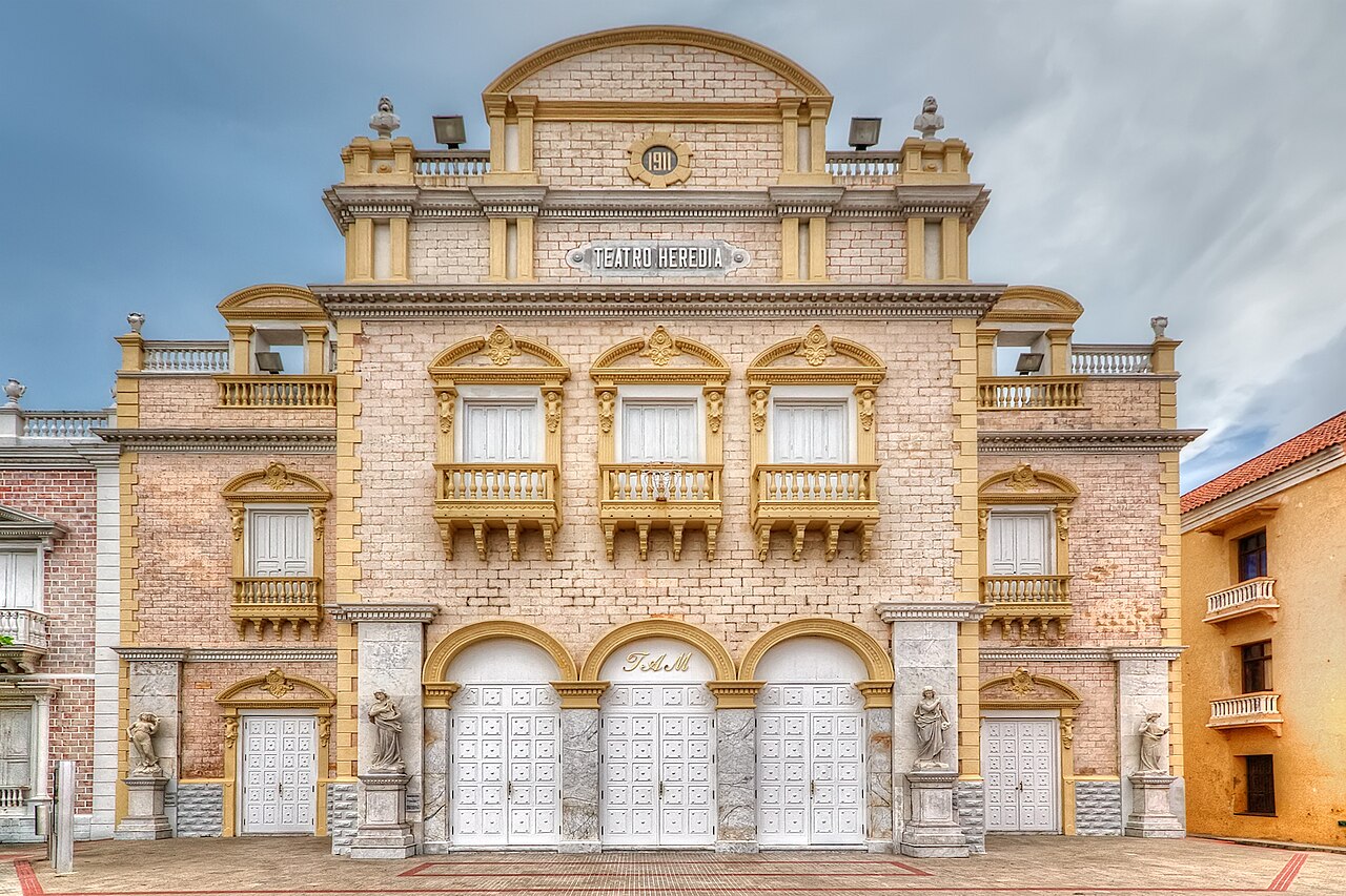 Facade of the Teatro Adolfo Mejía, lettered Teatro Heredia, with the year 1911, in Cartagena, Colombia.