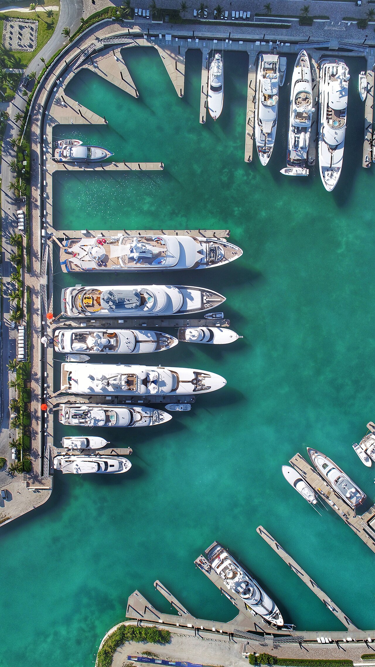 Drone view looking straight down on large white yachts moored at the piers of the Albany marina, with turquoise water and palm-lined walkways.