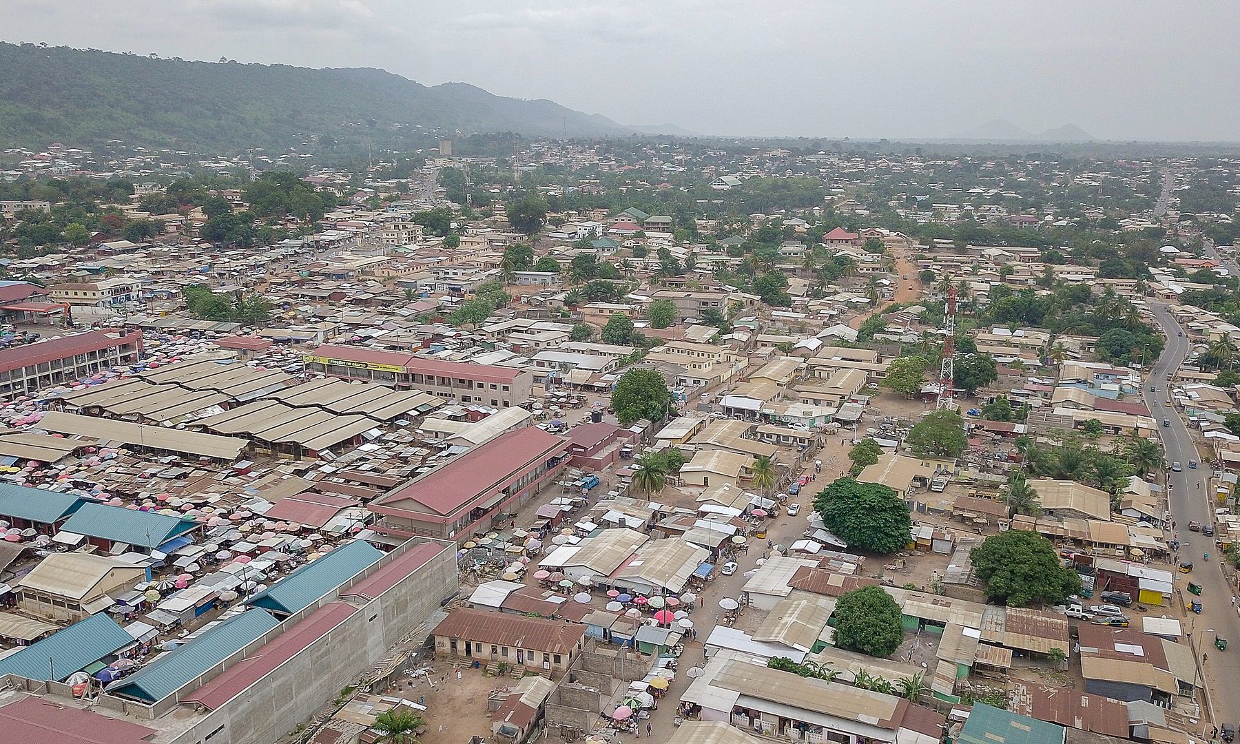 Aerial view of Ho, capital of Ghana’s Volta Region, with its central market and hills behind