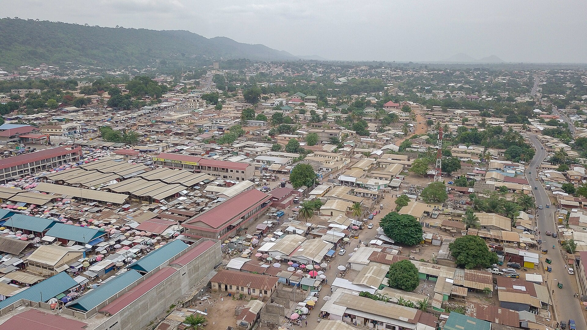 Aerial view of Ho, capital of Ghana’s Volta Region, with its central market and hills behind