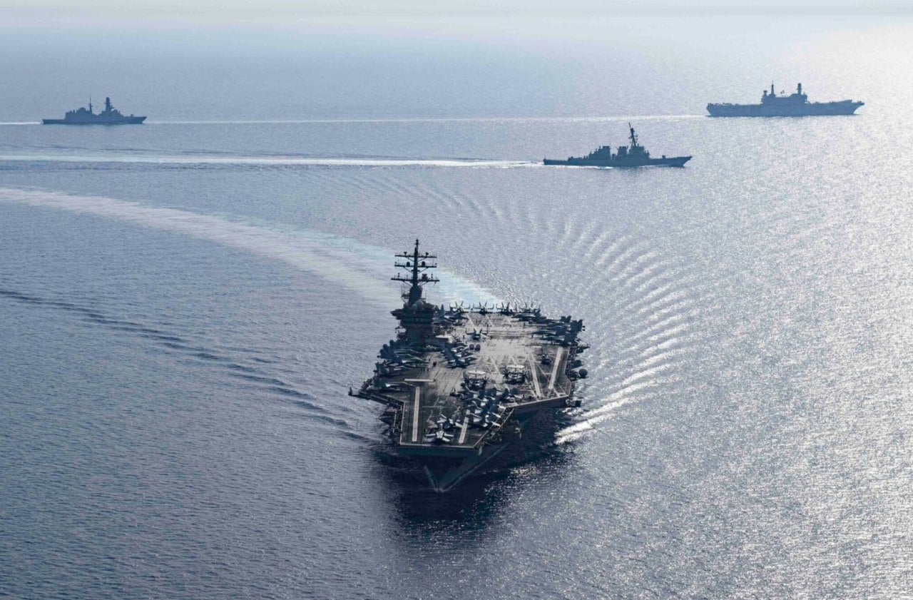The French frigate Forbin, the US carrier USS Dwight D. Eisenhower, the destroyer USS Laboon and the Italian carrier Cavour sailing in the Red Sea in June 2024