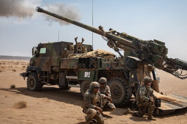 A French CAESAR truck-mounted howitzer fires in the Djibouti desert while three soldiers in helmets crouch beside it