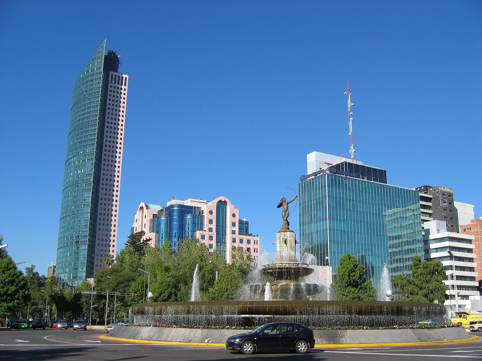 The Diana the Huntress fountain on Paseo de la Reforma in Mexico City with Torre Mayor at left