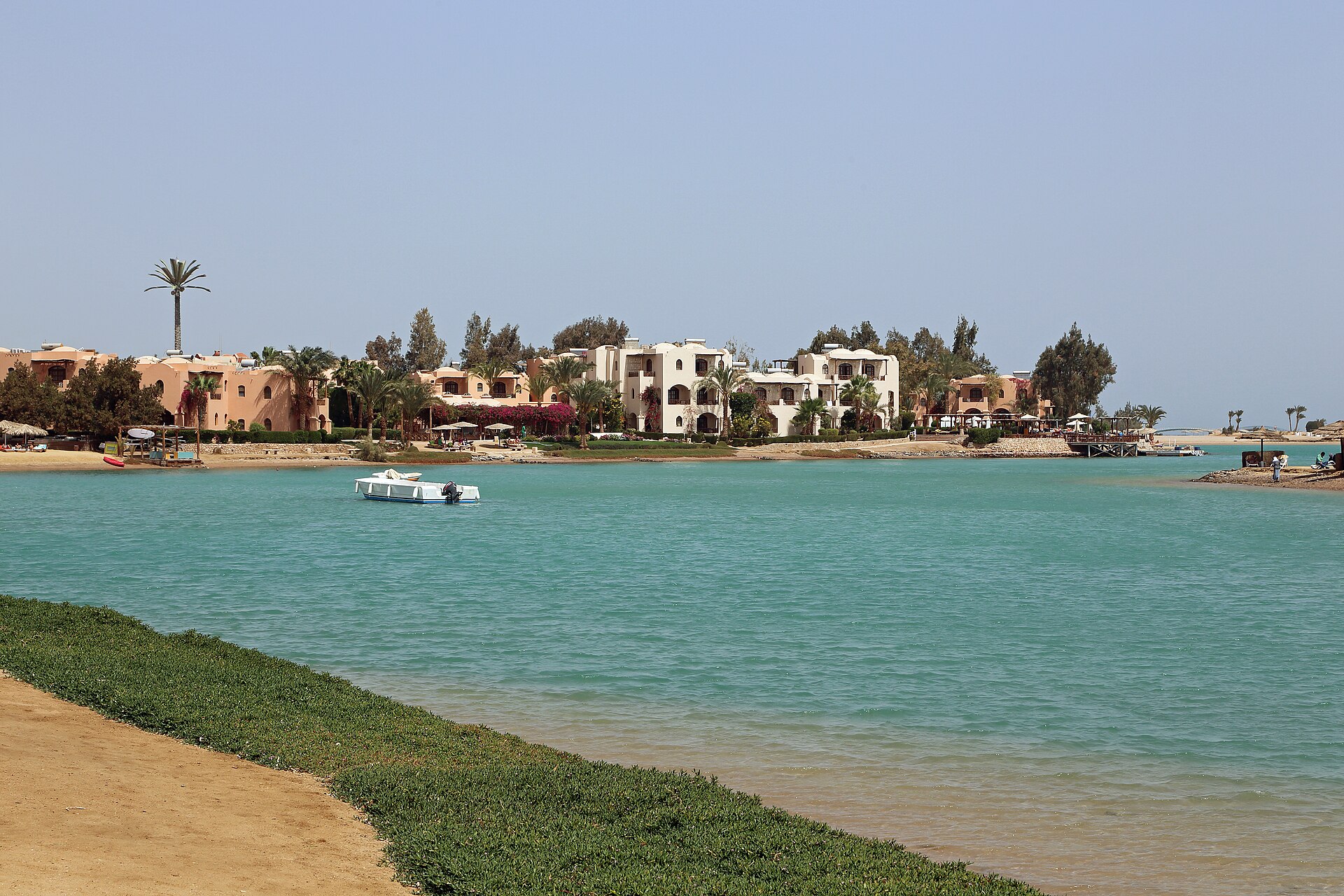 Turquoise lagoon and low white and ochre villas in El Gouna, north of Hurghada, Egypt