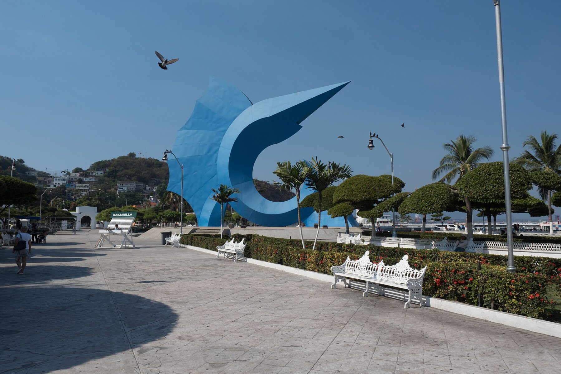 Giant blue sailfish sculpture on the waterfront promenade in Manzanillo, Colima, Mexico
