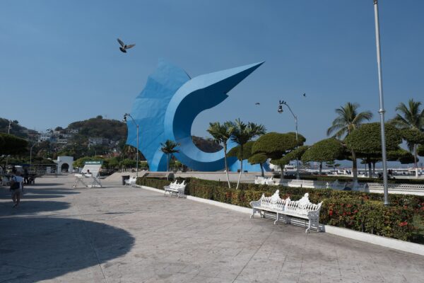 Giant blue sailfish sculpture on the waterfront promenade in Manzanillo, Colima, Mexico