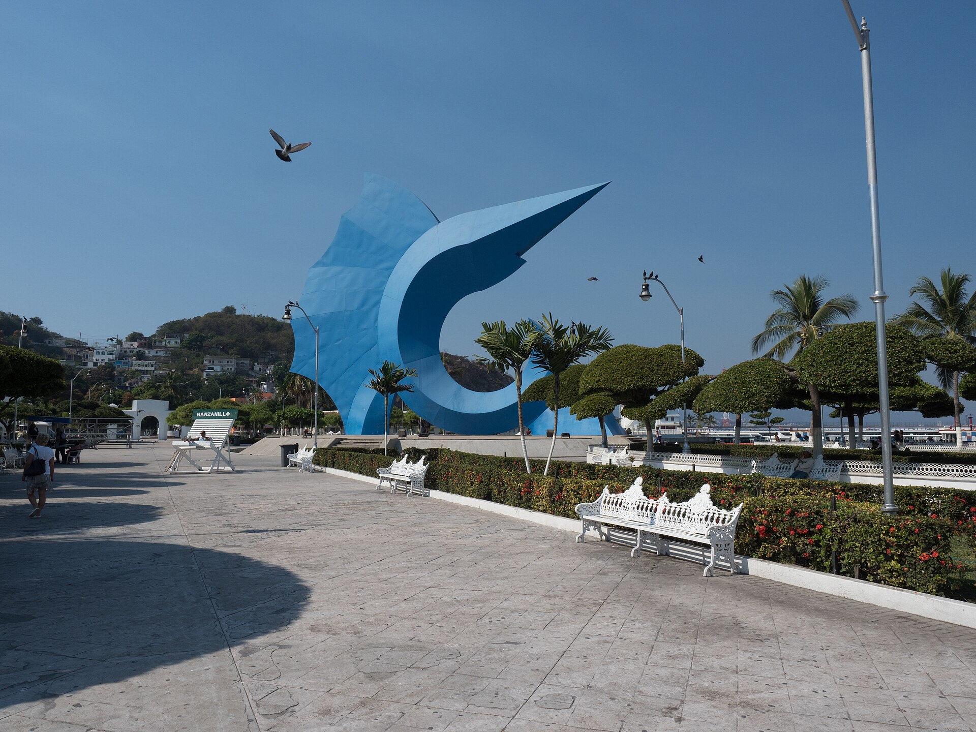 Giant blue sailfish sculpture on the waterfront promenade in Manzanillo, Colima, Mexico