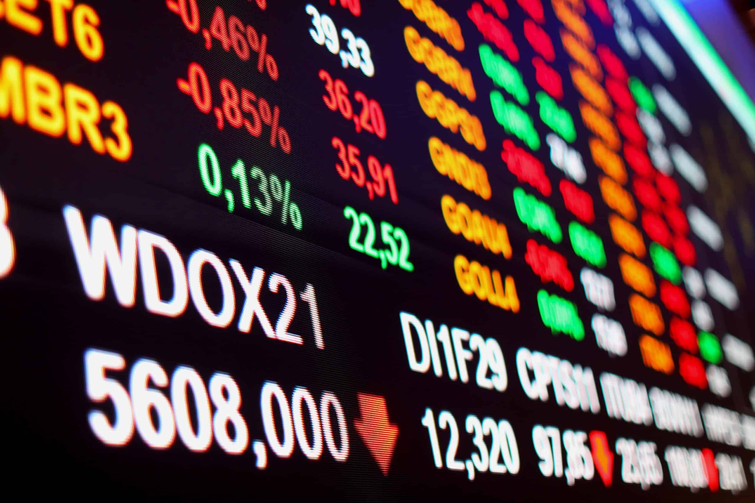 Price board at B3, the São Paulo stock exchange, with share and futures prices in red and green