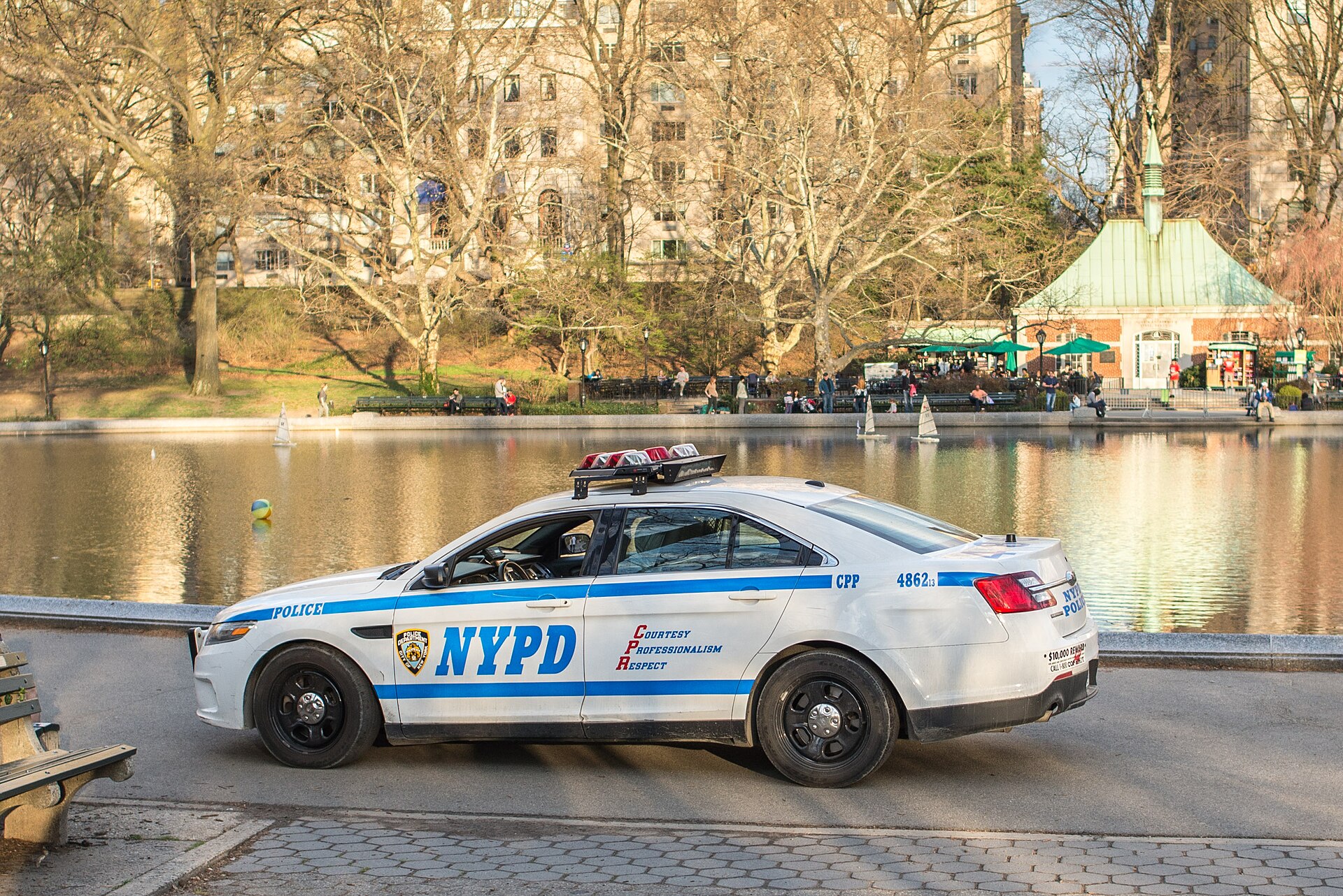 New York Police Department patrol car beside the Conservatory Water in Central Park