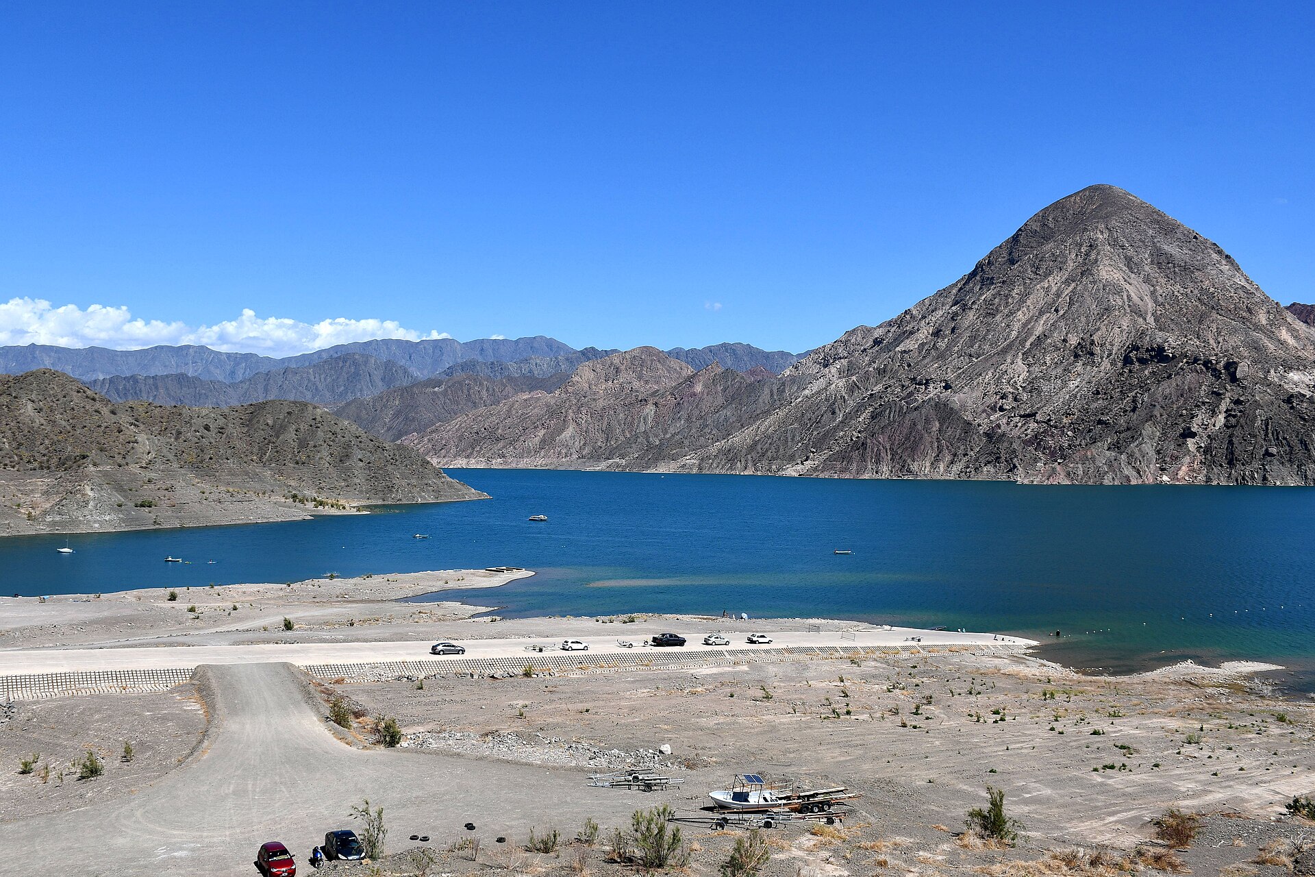 The Punta Negra Dam reservoir in San Juan province, Argentina, ringed by Andean foothills, where the IRONMAN San Juan swim takes place