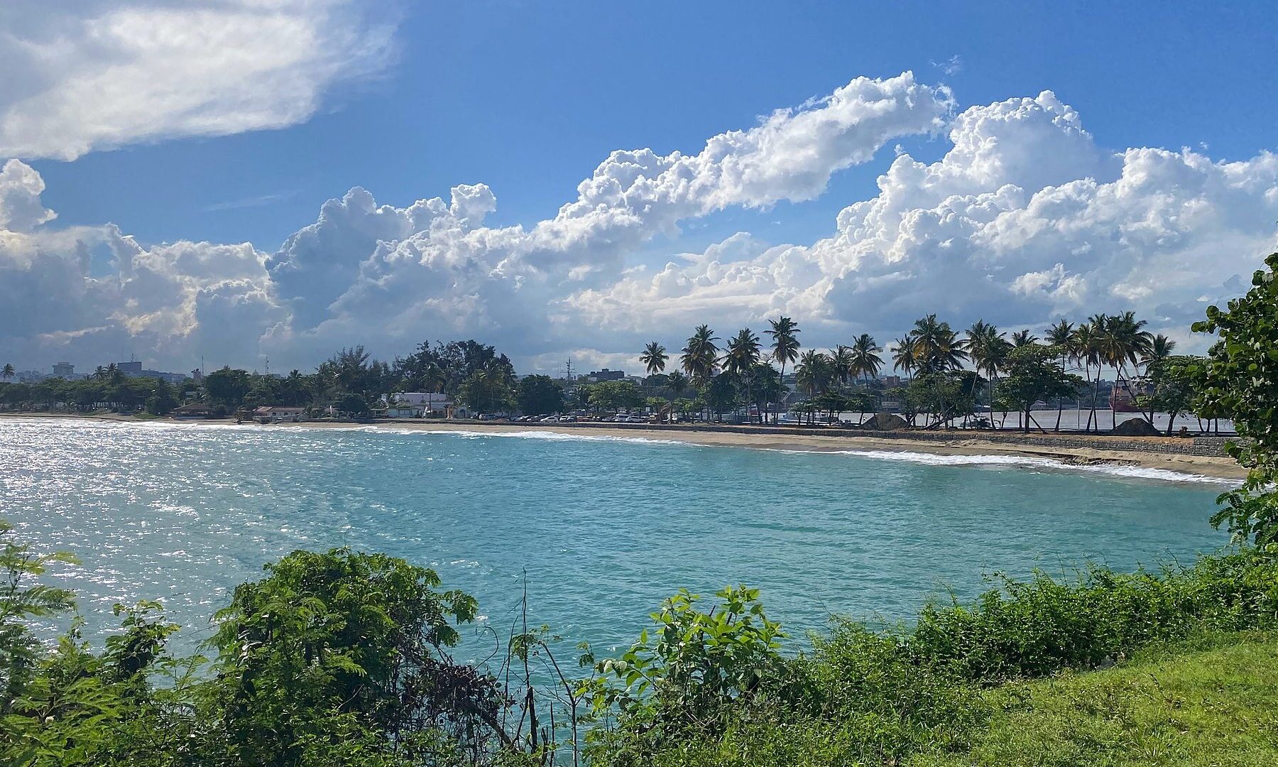 A Caribbean bay with palm trees on the shore and the Santo Domingo skyline in the distance, seen from the Sans Souci lighthouse park