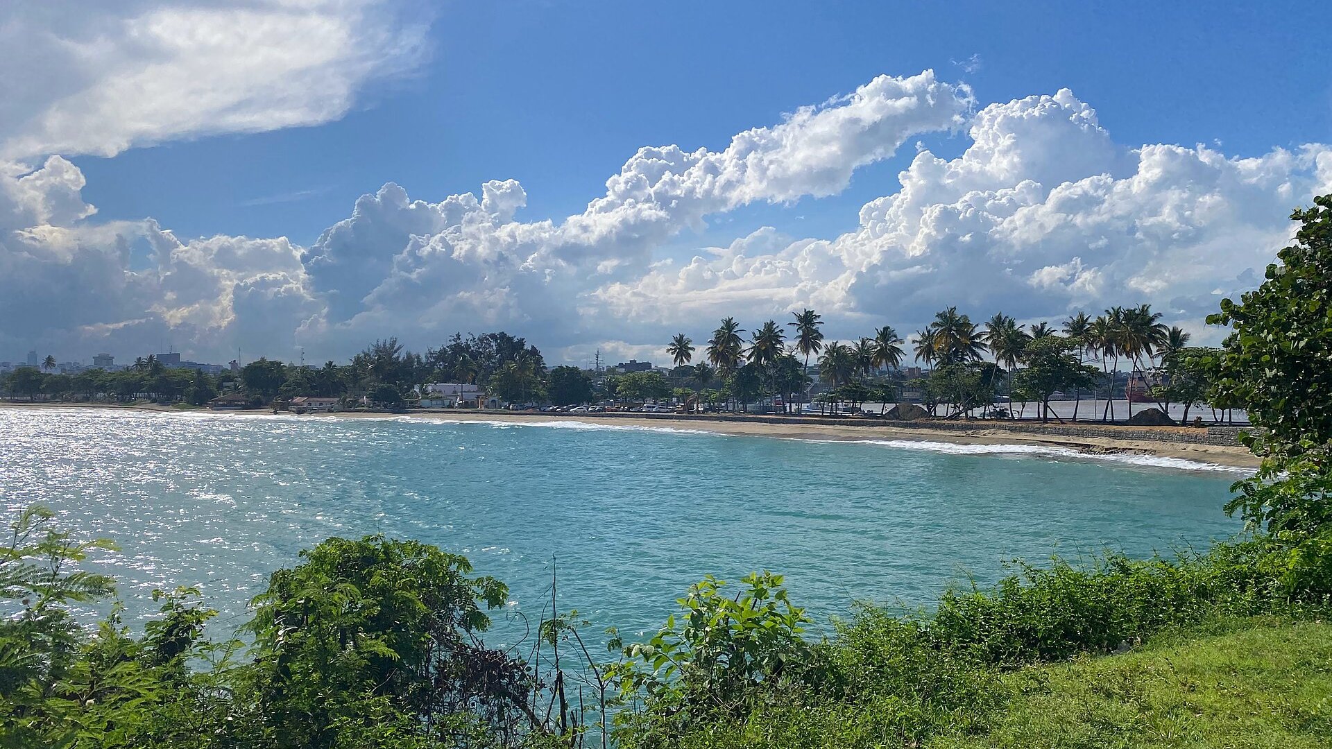 A Caribbean bay with palm trees on the shore and the Santo Domingo skyline in the distance, seen from the Sans Souci lighthouse park