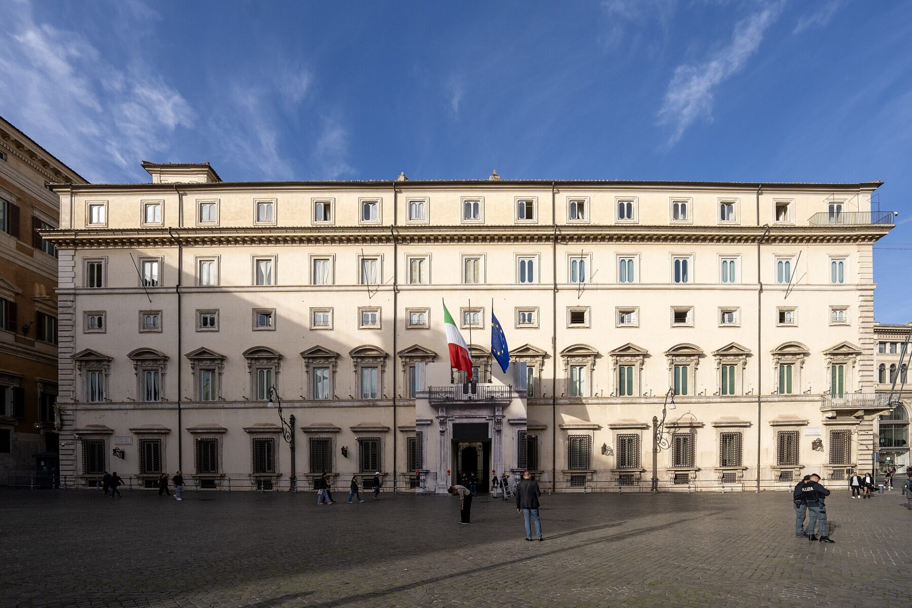 The Palazzo Chigi in Rome, the office of the Italian prime minister, with flags above the entrance