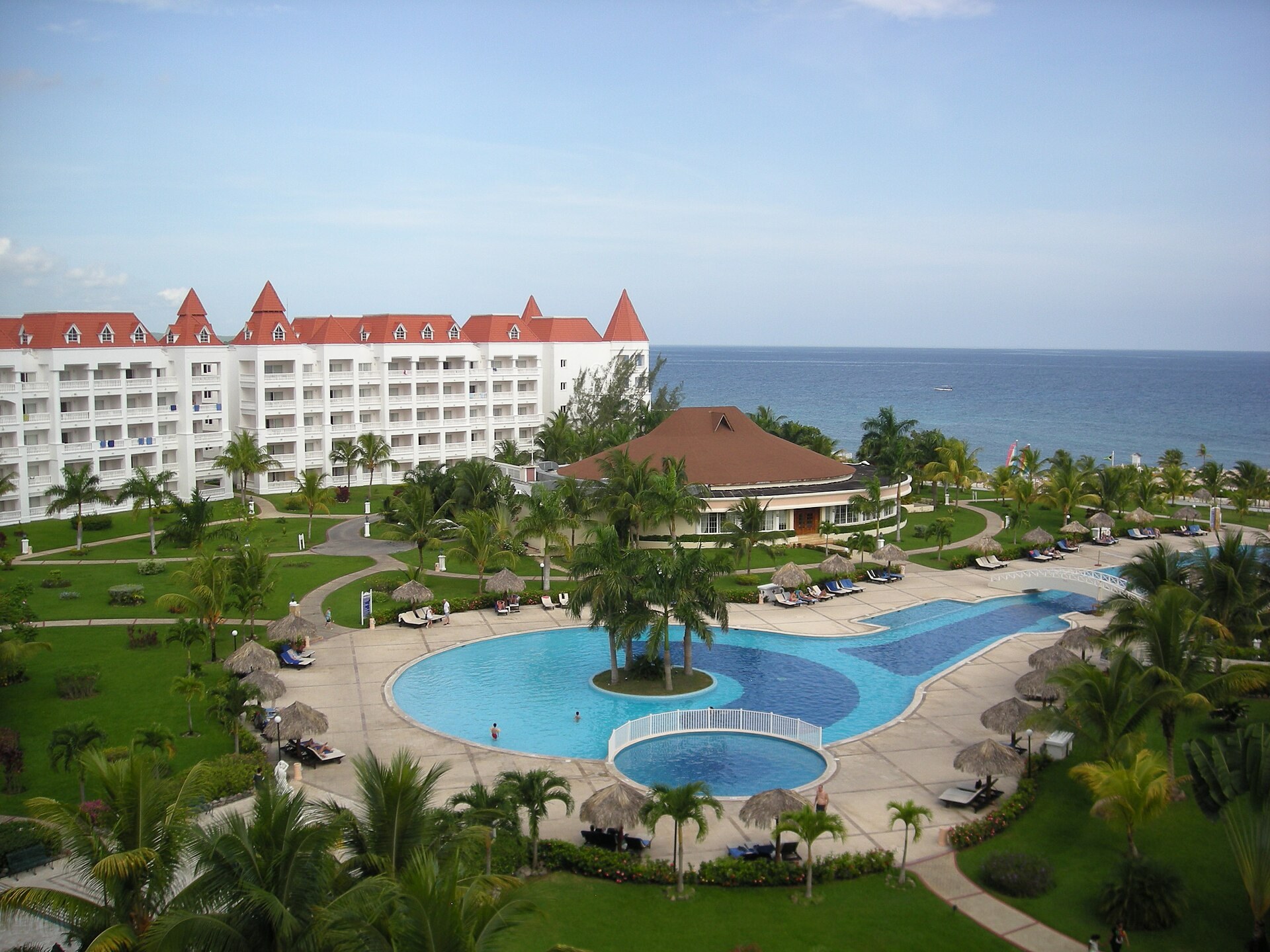 Pool, gardens and beach at the Bahia Principe resort in Jamaica