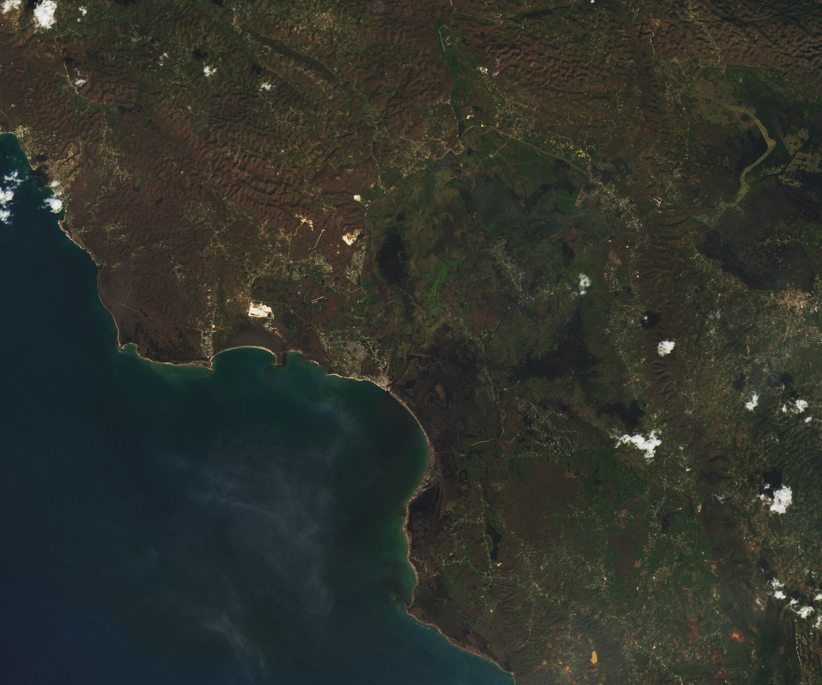 Satellite view of south-western Jamaica with forests browned after Hurricane Melissa