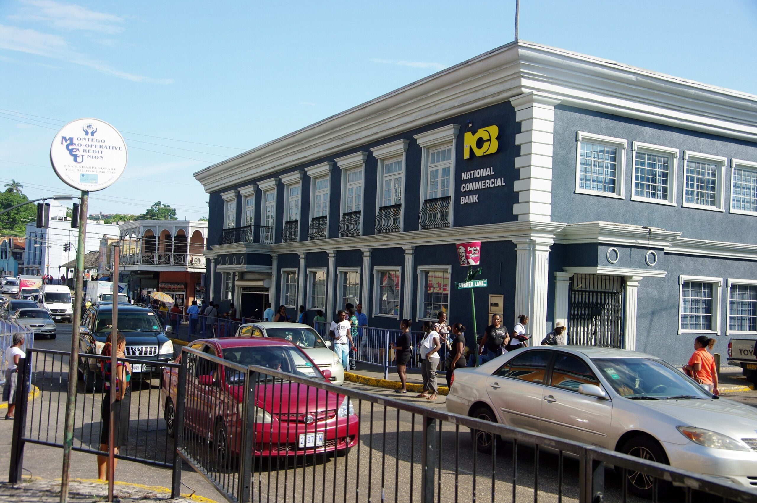 National Commercial Bank branch with people on the street in downtown Montego Bay, Jamaica