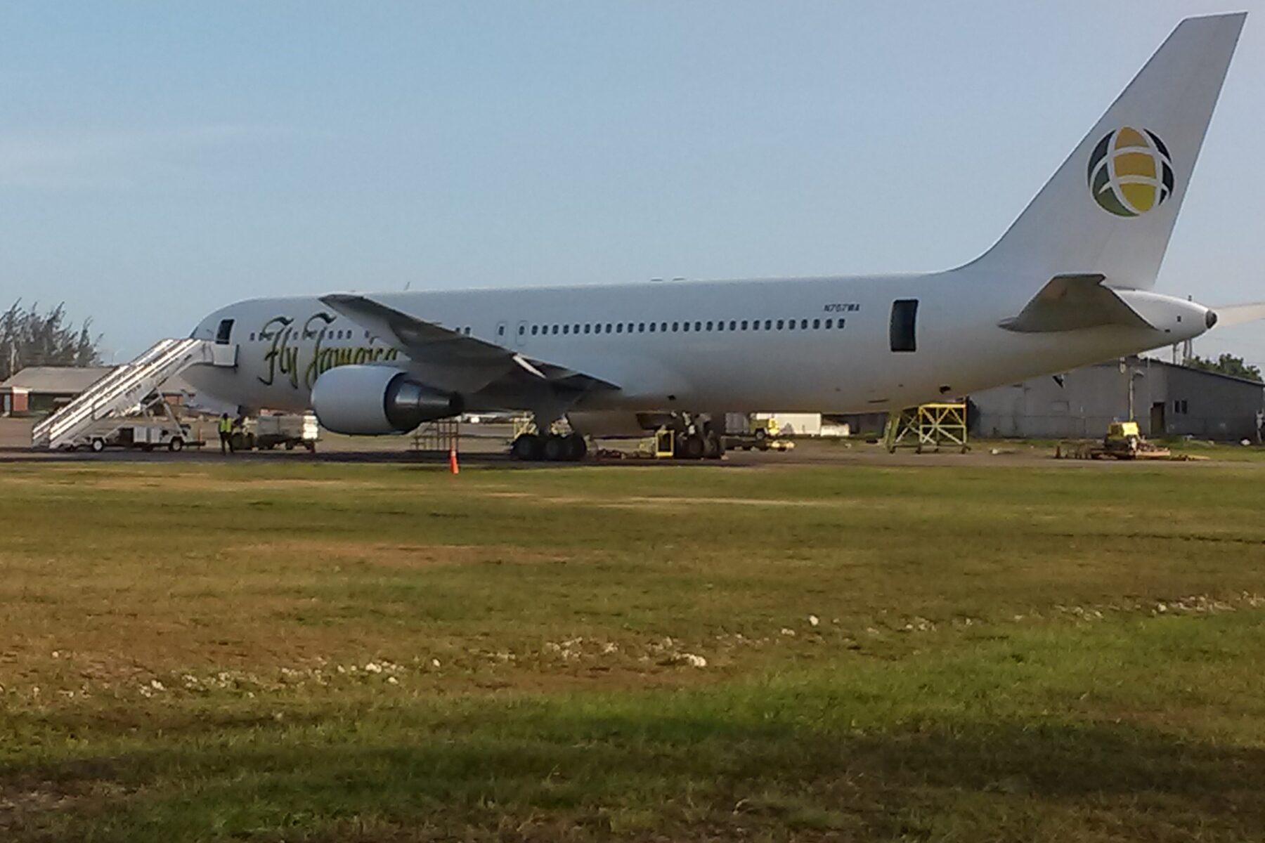 A Fly Jamaica airliner parked at Norman Manley International Airport in Kingston, Jamaica