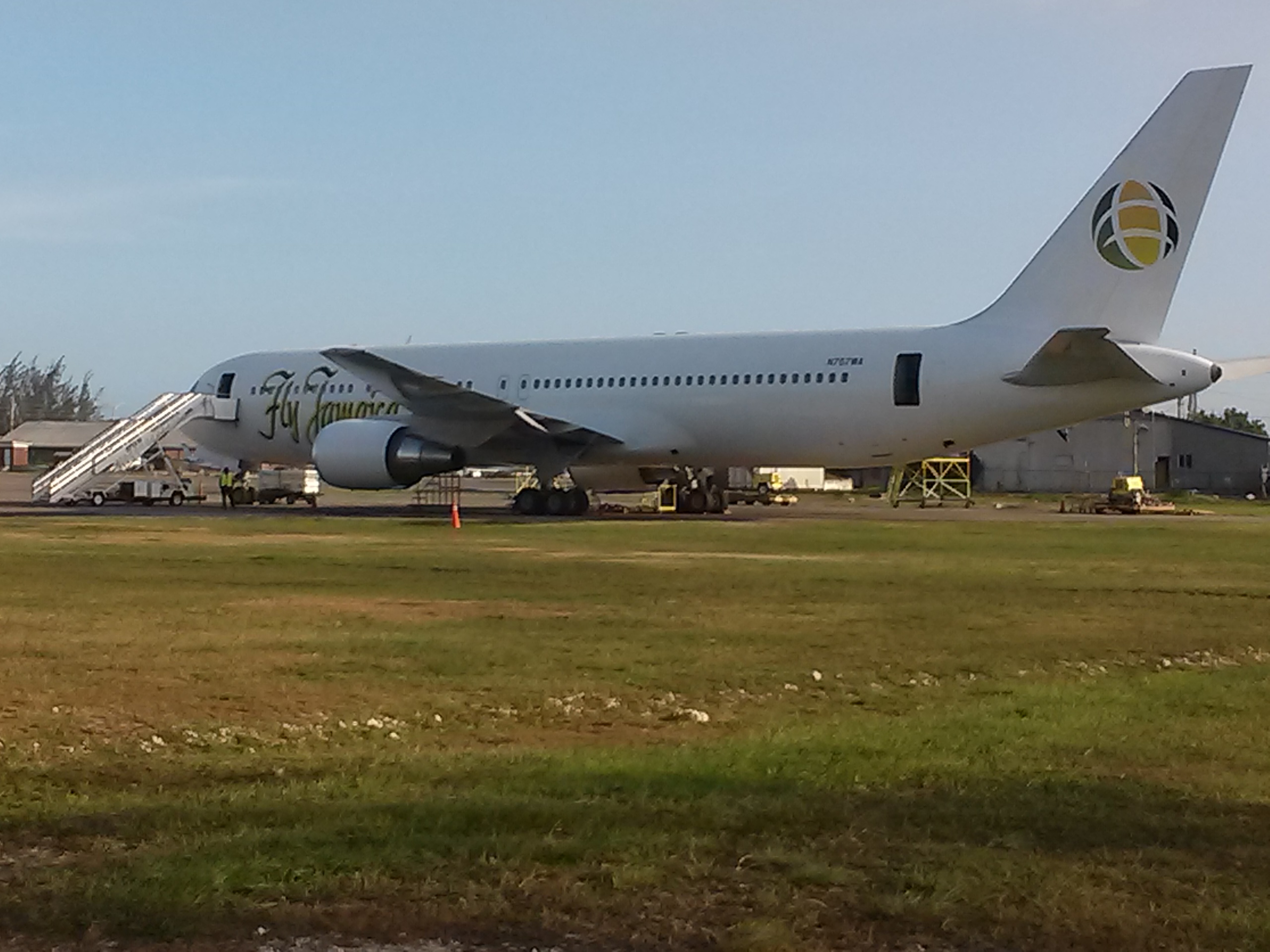 A Fly Jamaica airliner parked at Norman Manley International Airport in Kingston, Jamaica