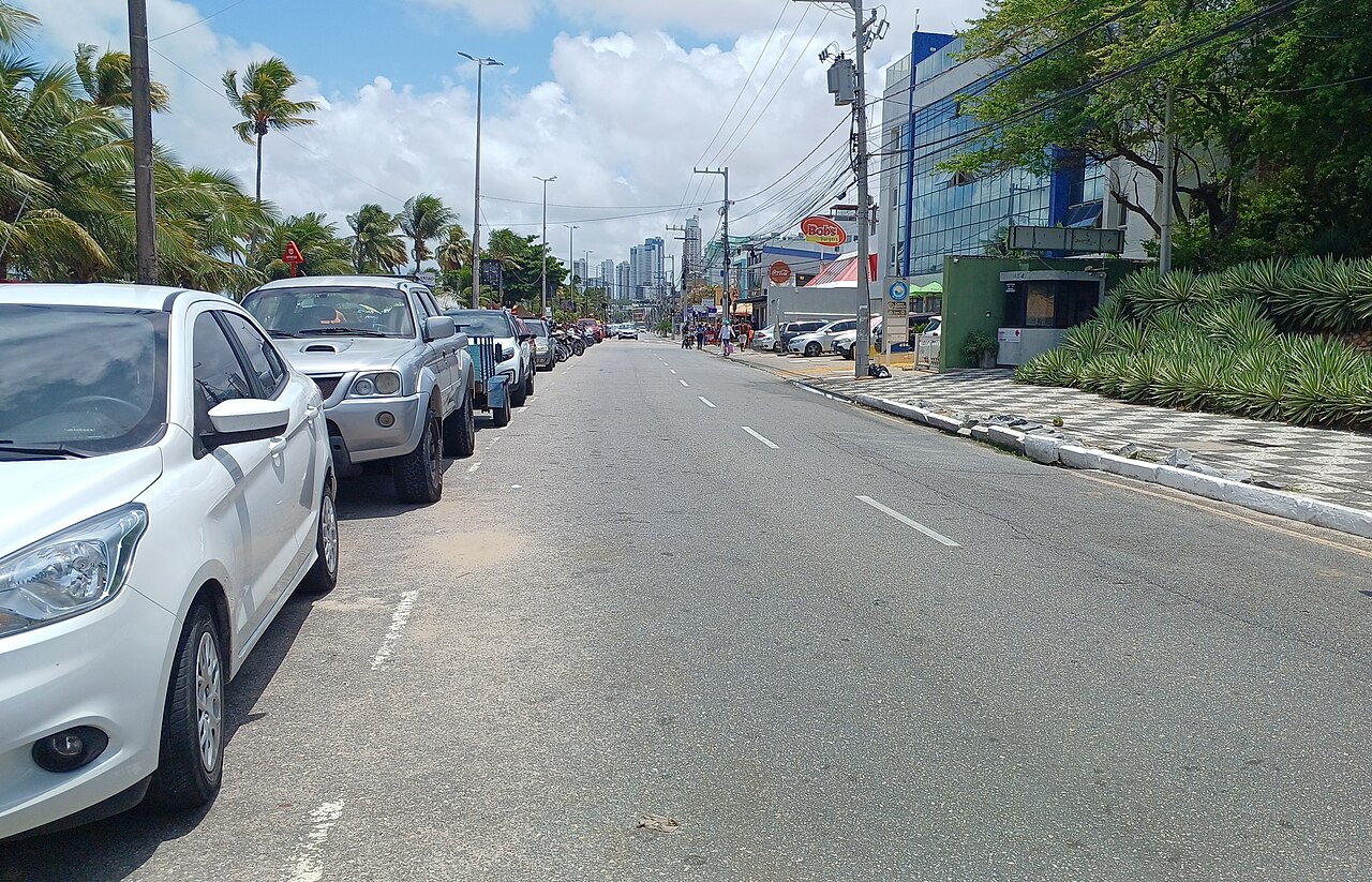 Palm-lined Avenida Almirante Tamandaré on the Tambaú seafront in João Pessoa, Paraíba, with city towers in the distance