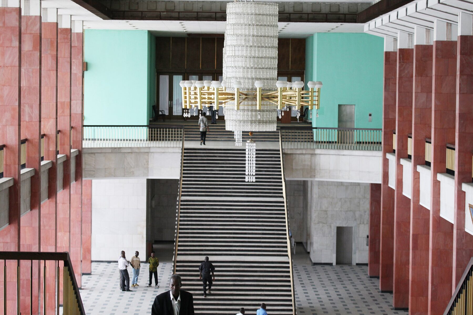 Grand staircase and chandelier inside the Palais du Peuple, seat of the Congolese Parliament in Kinshasa