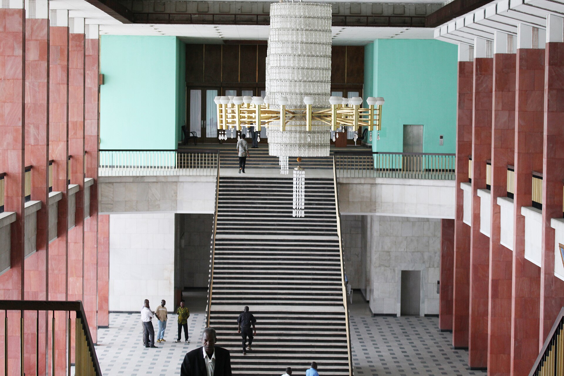 Grand staircase and chandelier inside the Palais du Peuple, seat of the Congolese Parliament in Kinshasa