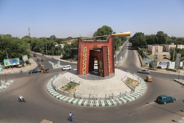 The Golden Jubilee roundabout in Kano city with an arch monument topped by a giant golden trumpet