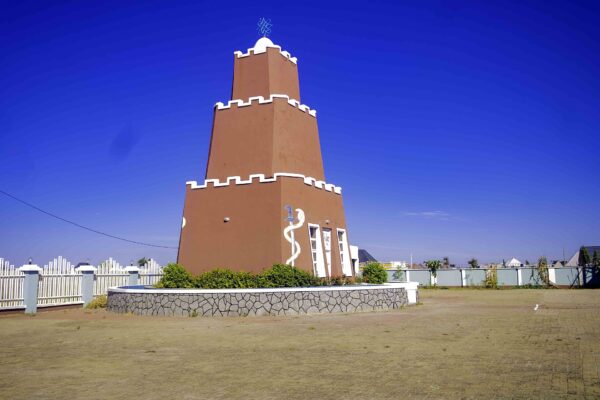 Gobarau Minaret monument at People's Square in Katsina city, Nigeria, under a clear blue sky