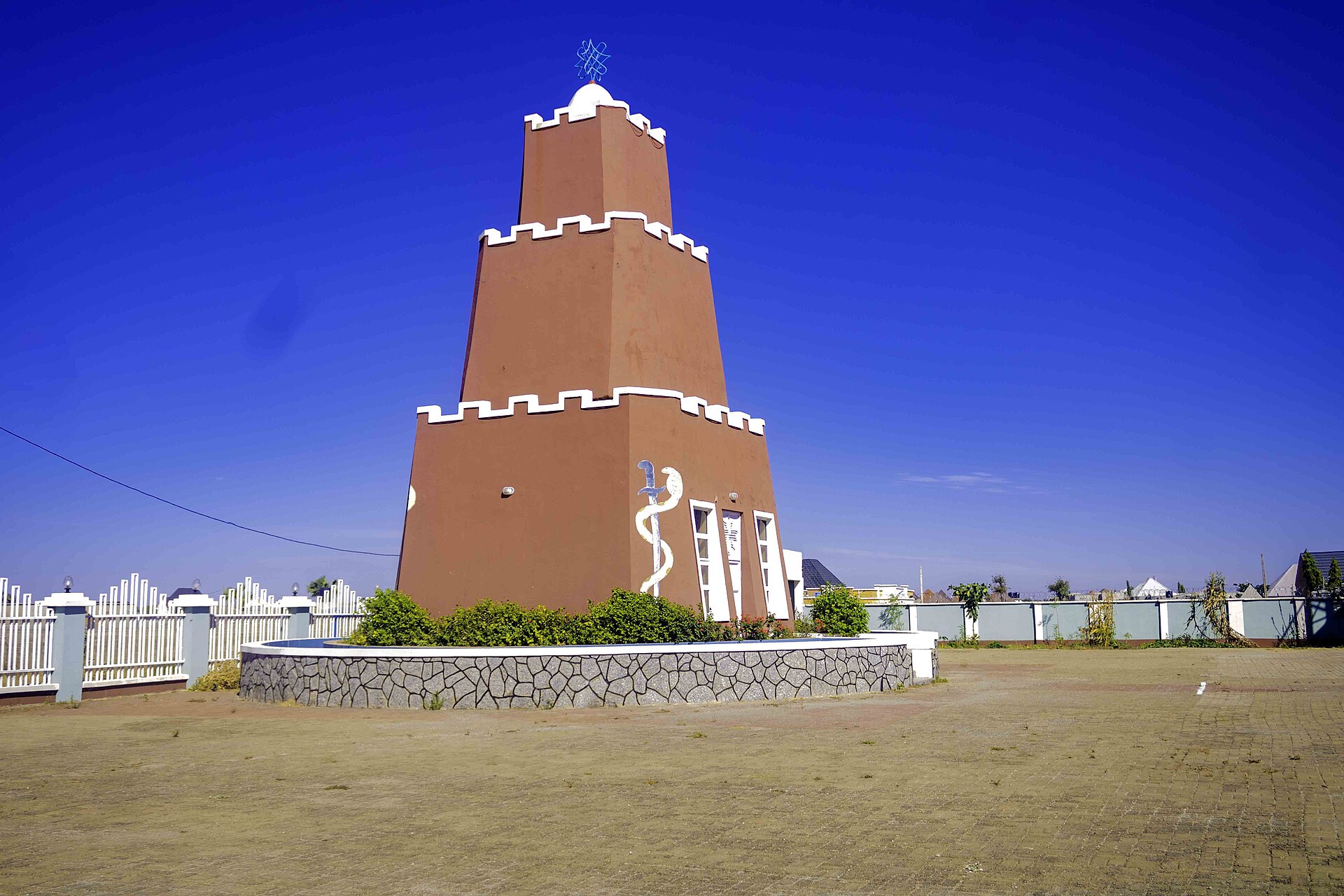 Gobarau Minaret monument at People's Square in Katsina city, Nigeria, under a clear blue sky