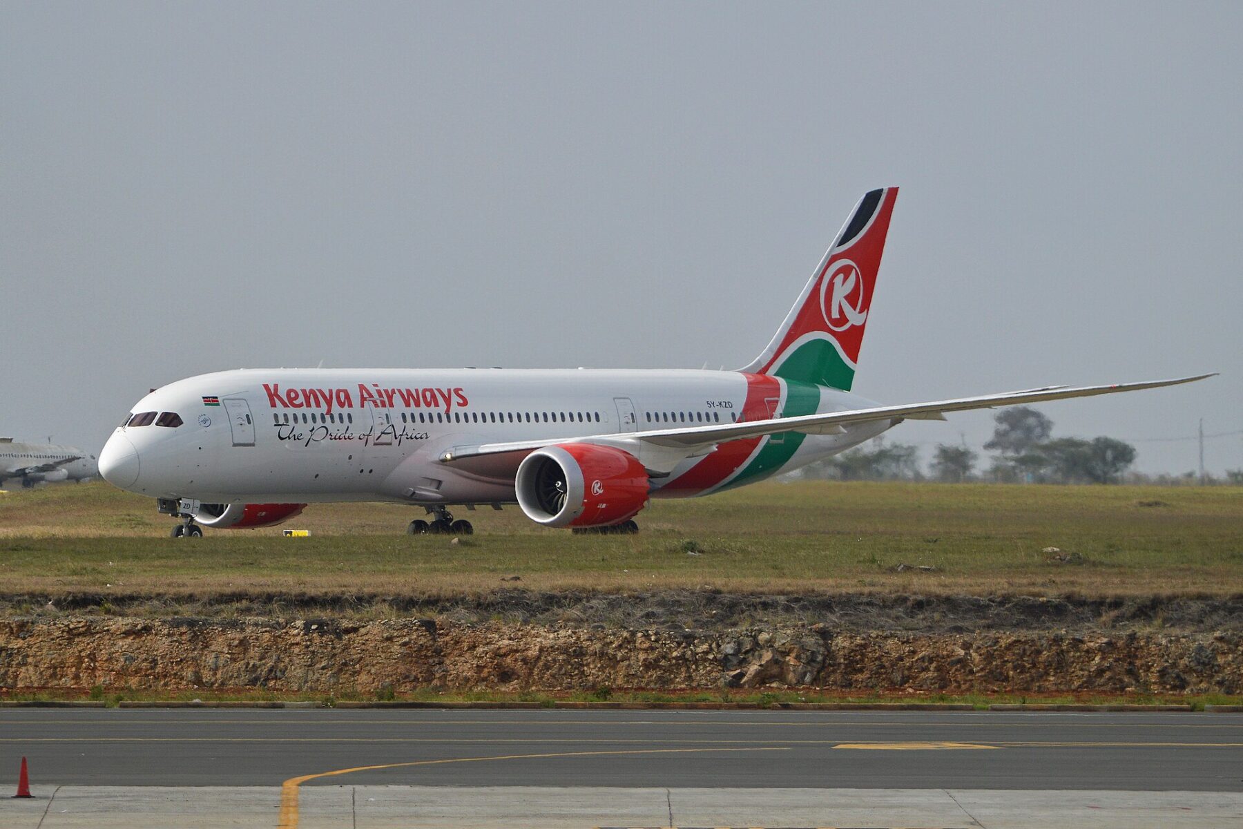 A Kenya Airways Boeing 787-8 Dreamliner taxiing at Jomo Kenyatta International Airport in Nairobi