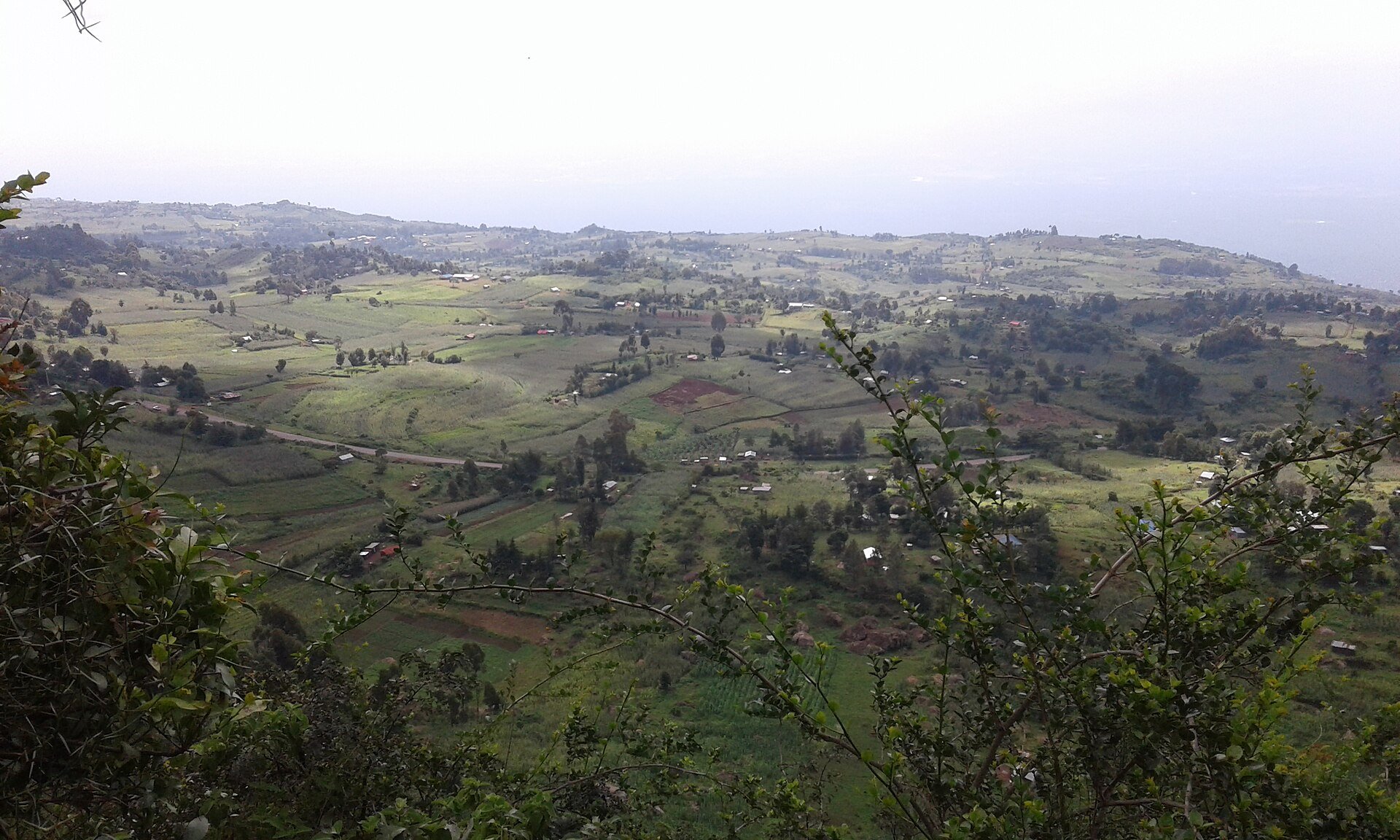 Farmland and scattered homes in the Rift Valley seen from the highland town of Iten