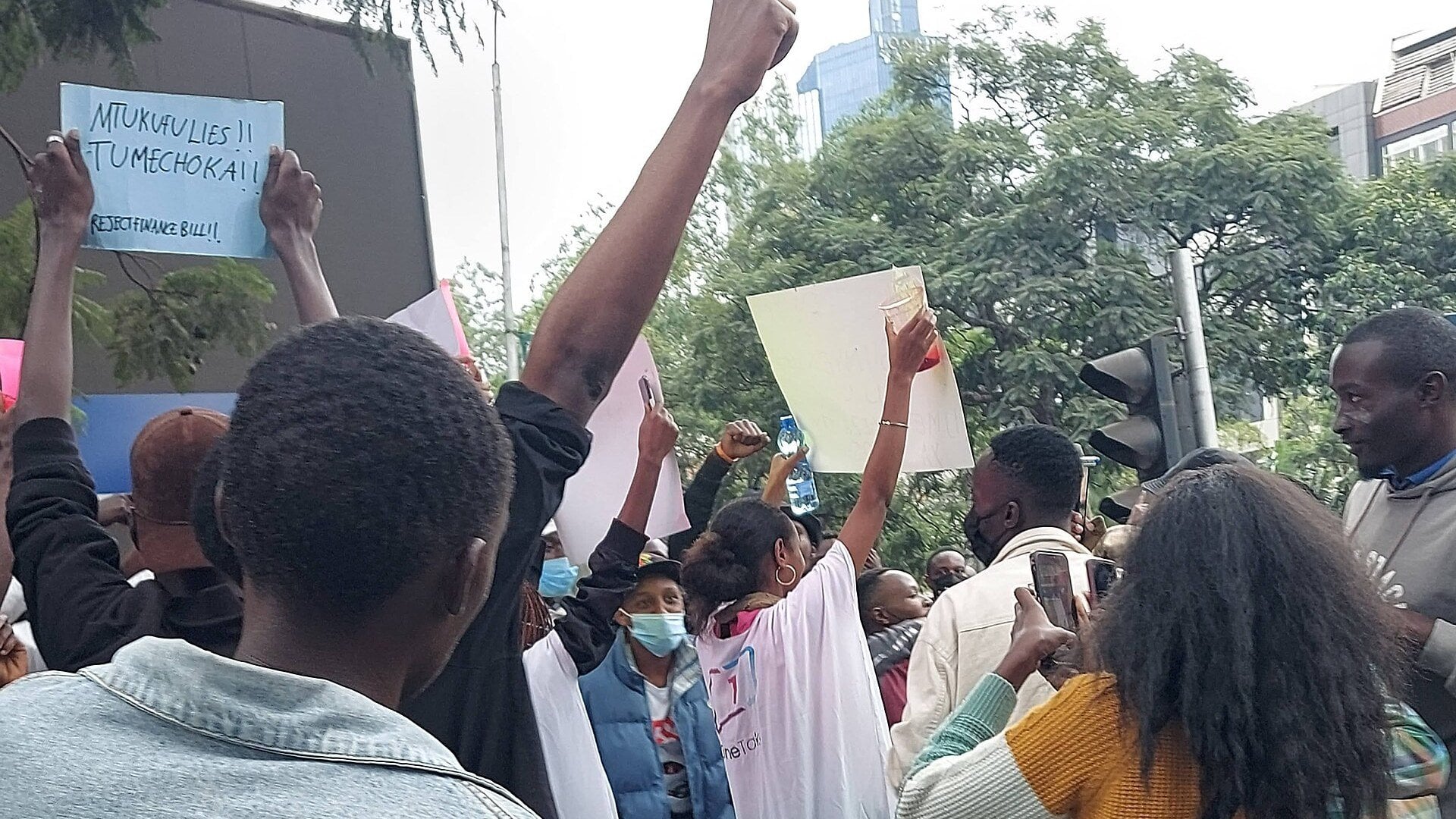 Protesters raise their fists and hold signs against the Finance Bill on a Nairobi street in June 2024