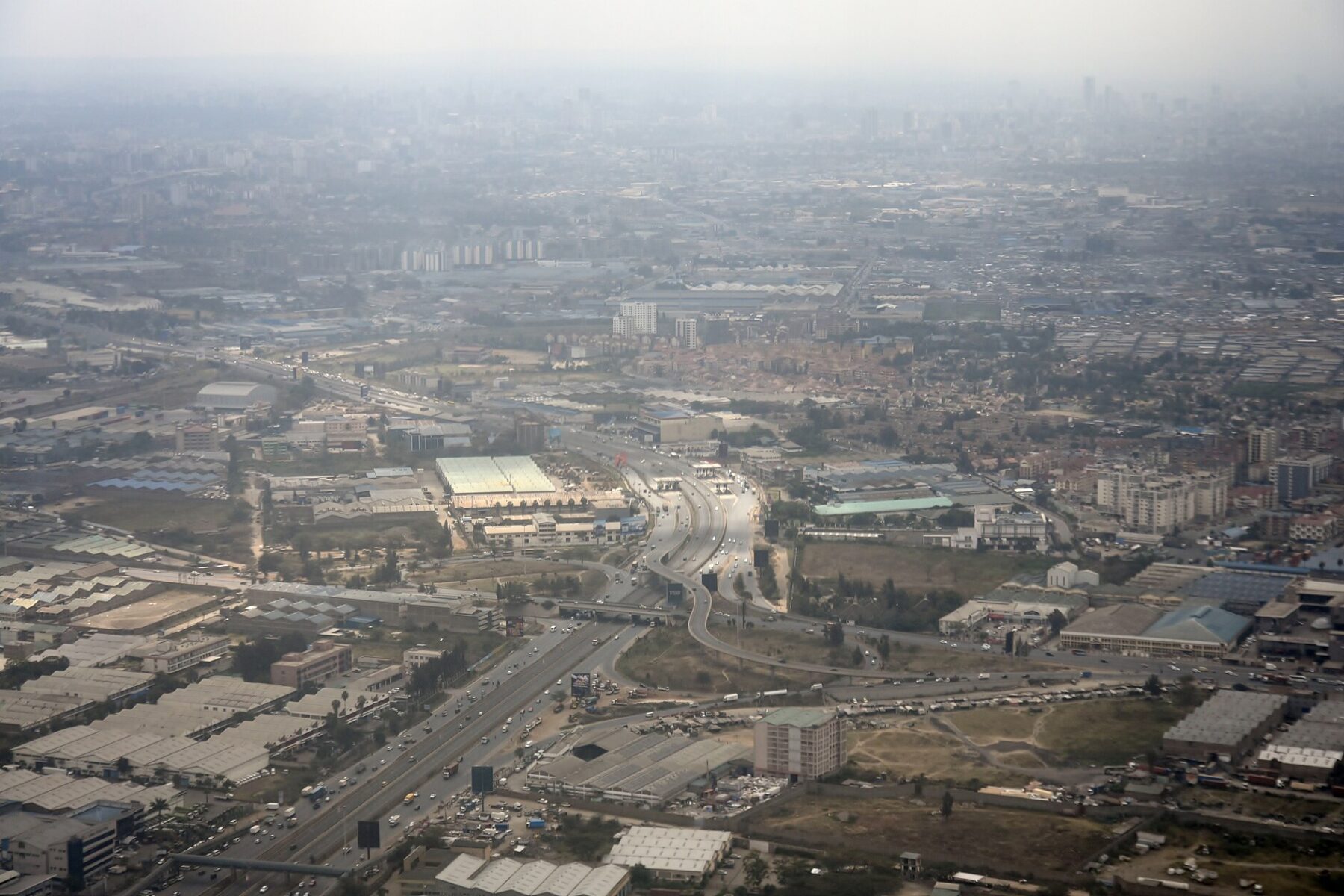Aerial view of the Nairobi Expressway and industrial areas in Nairobi, Kenya