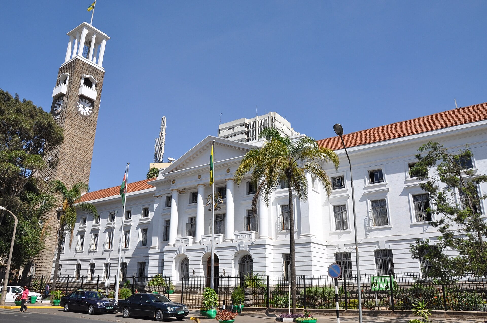 Nairobi City Hall with its clock tower and white colonnaded facade