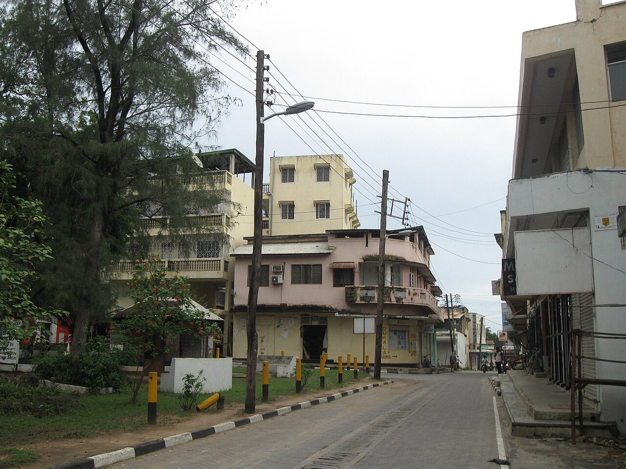 A street in the coastal town of Malindi, Kenya, with low pastel buildings, a street lamp and trees