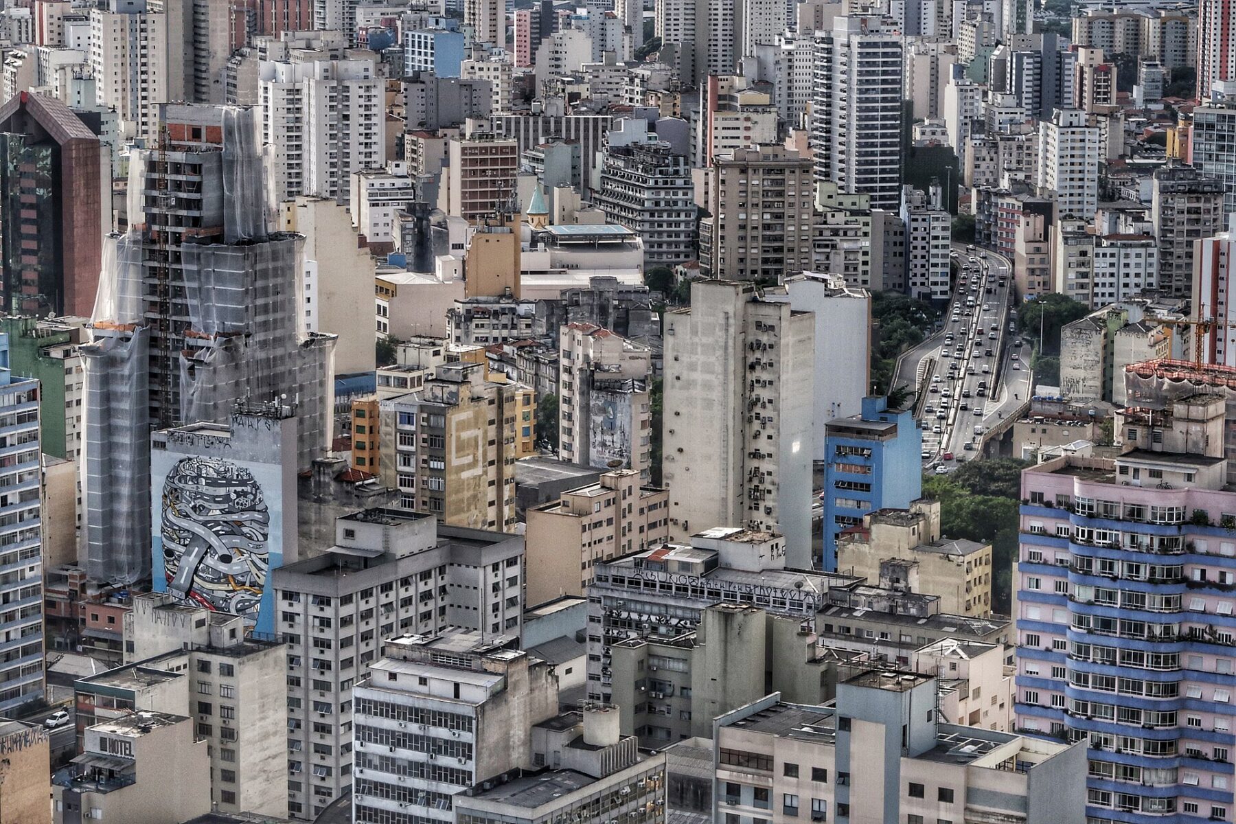 Dense high-rise apartment and office buildings in central São Paulo seen from above