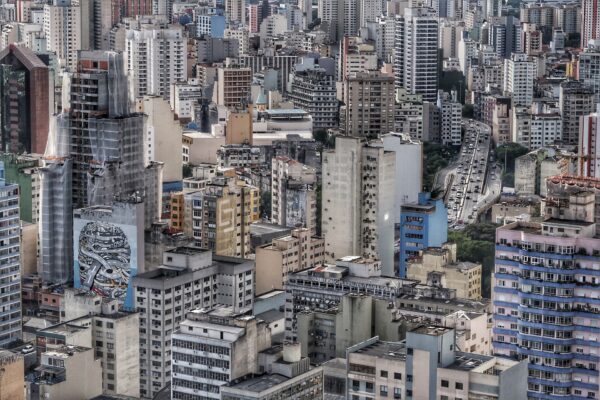 Dense high-rise apartment and office buildings in central São Paulo seen from above