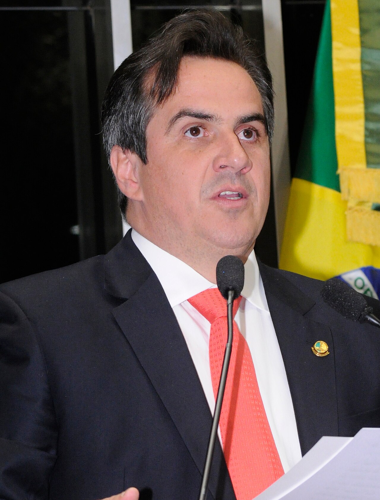 Senator Ciro Nogueira speaks at a microphone in Brazil's Senate, a Brazilian flag behind him