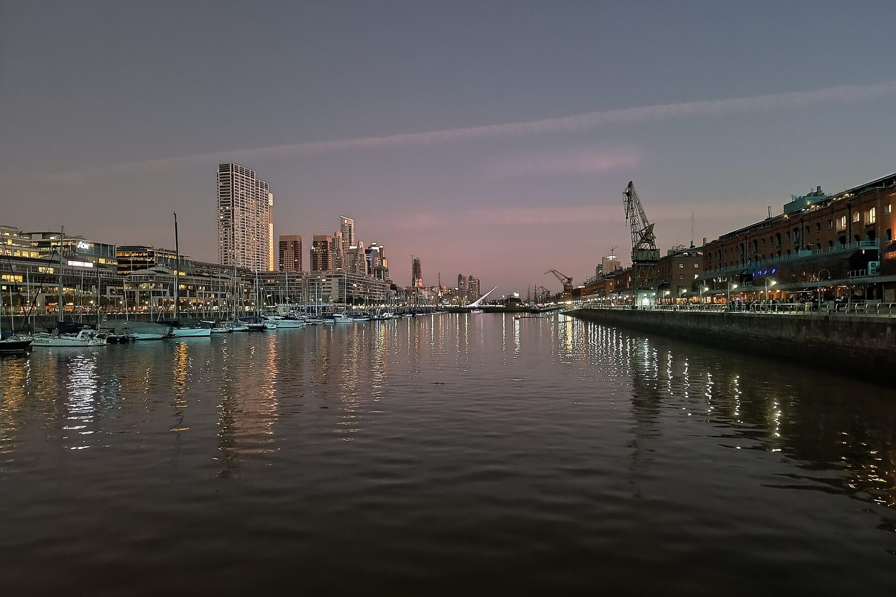 Puerto Madero waterfront and skyline in Buenos Aires, Argentina, at dusk