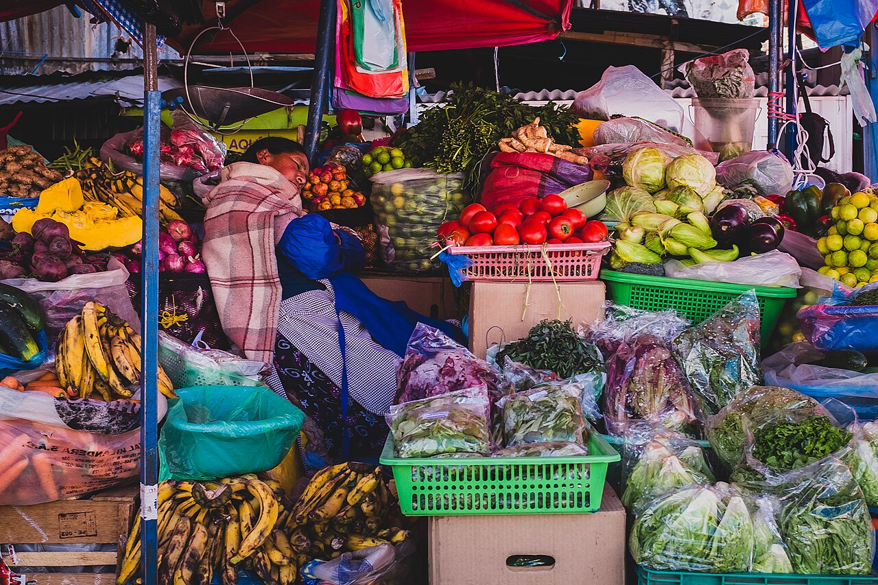 A market stall stacked with tomatoes, cabbages, bananas and bagged greens, with a vendor resting behind them
