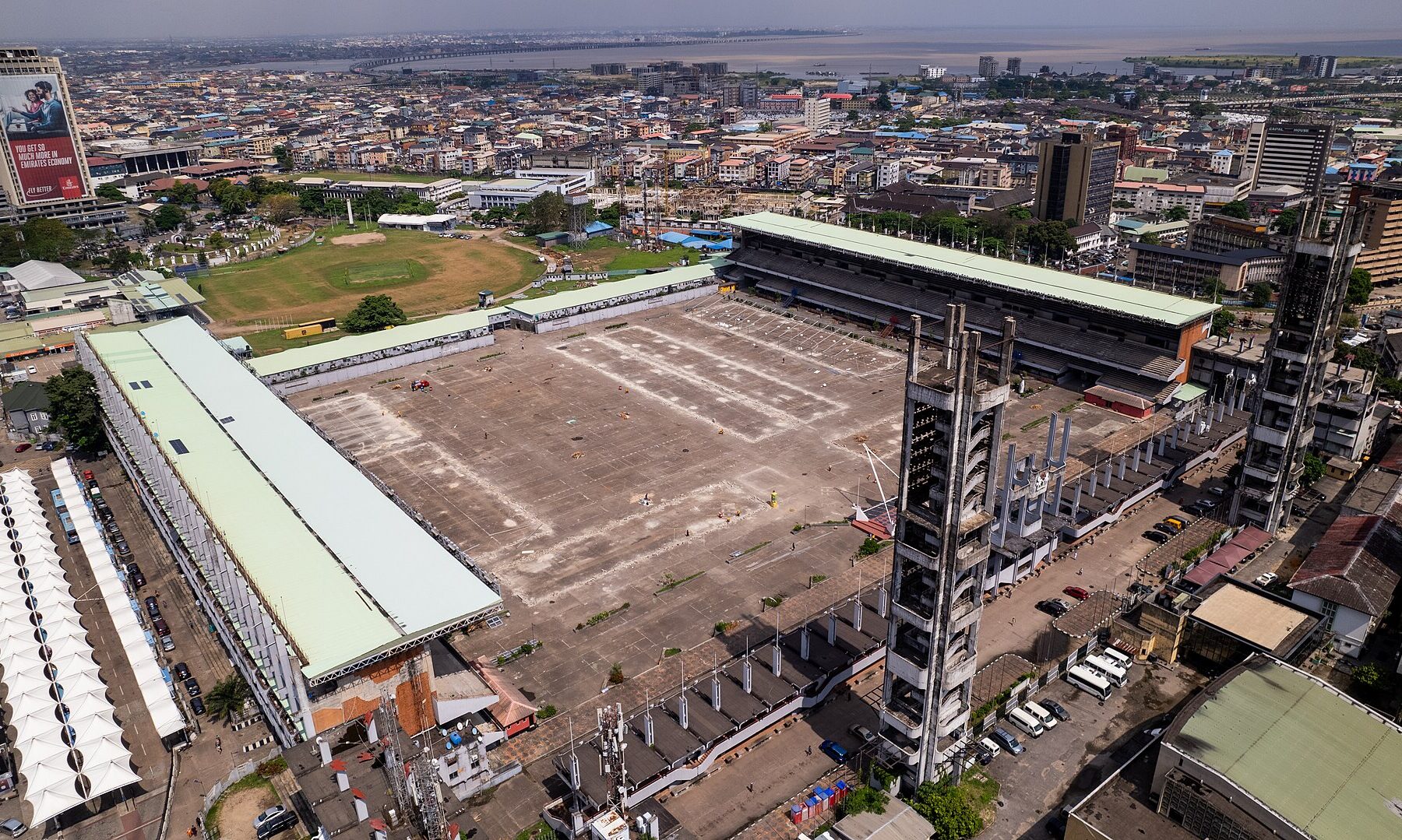 Aerial view of Tafawa Balewa Square in Onikan, Lagos Island, with the Lagos skyline behind it