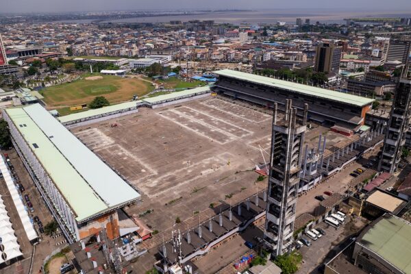 Aerial view of Tafawa Balewa Square in Onikan, Lagos Island, with the Lagos skyline behind it