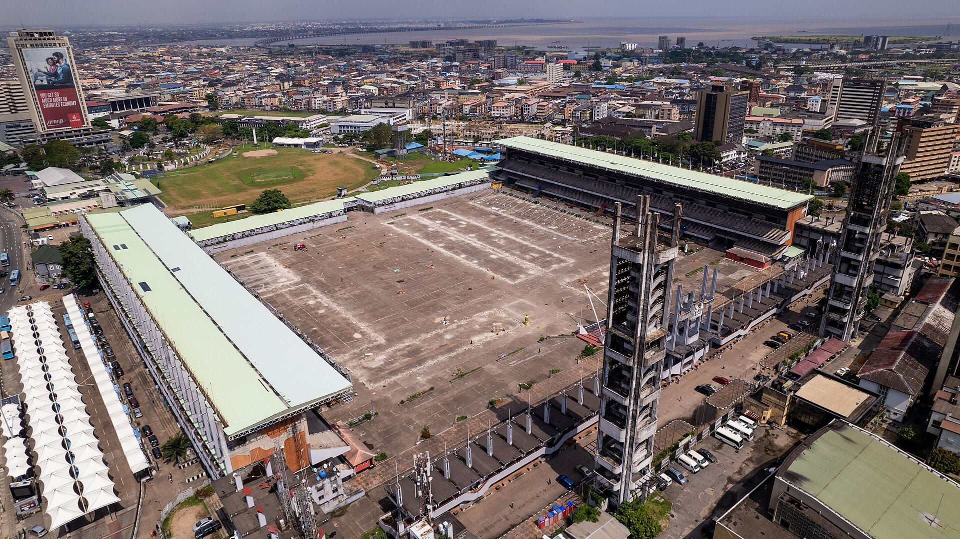 Aerial view of Tafawa Balewa Square in Onikan, Lagos Island, with the Lagos skyline behind it