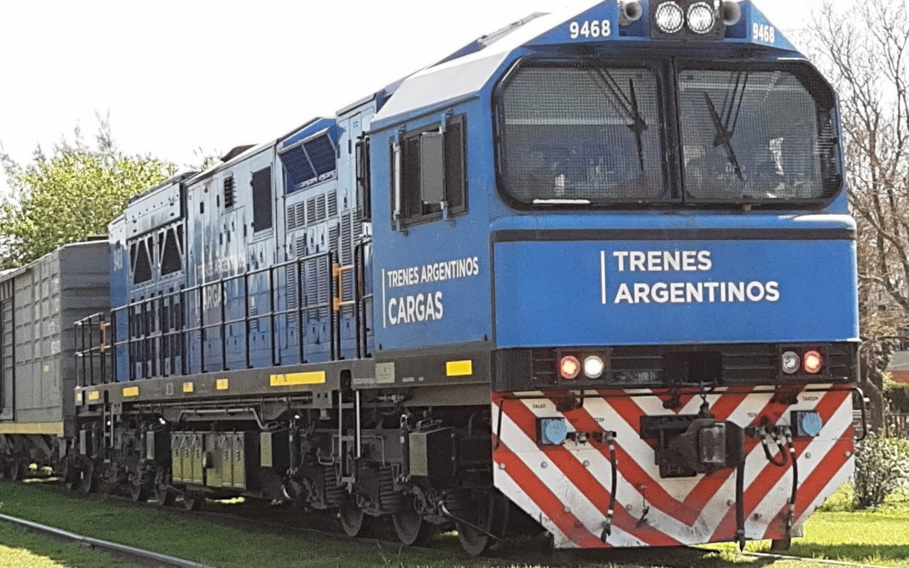 A blue Trenes Argentinos Cargas freight locomotive hauling a wagon past grass and trees in Funes, Argentina