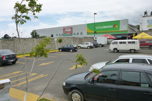 A Bodega Aurrera discount store with a green sign, a parking lot with cars and a white van in front
