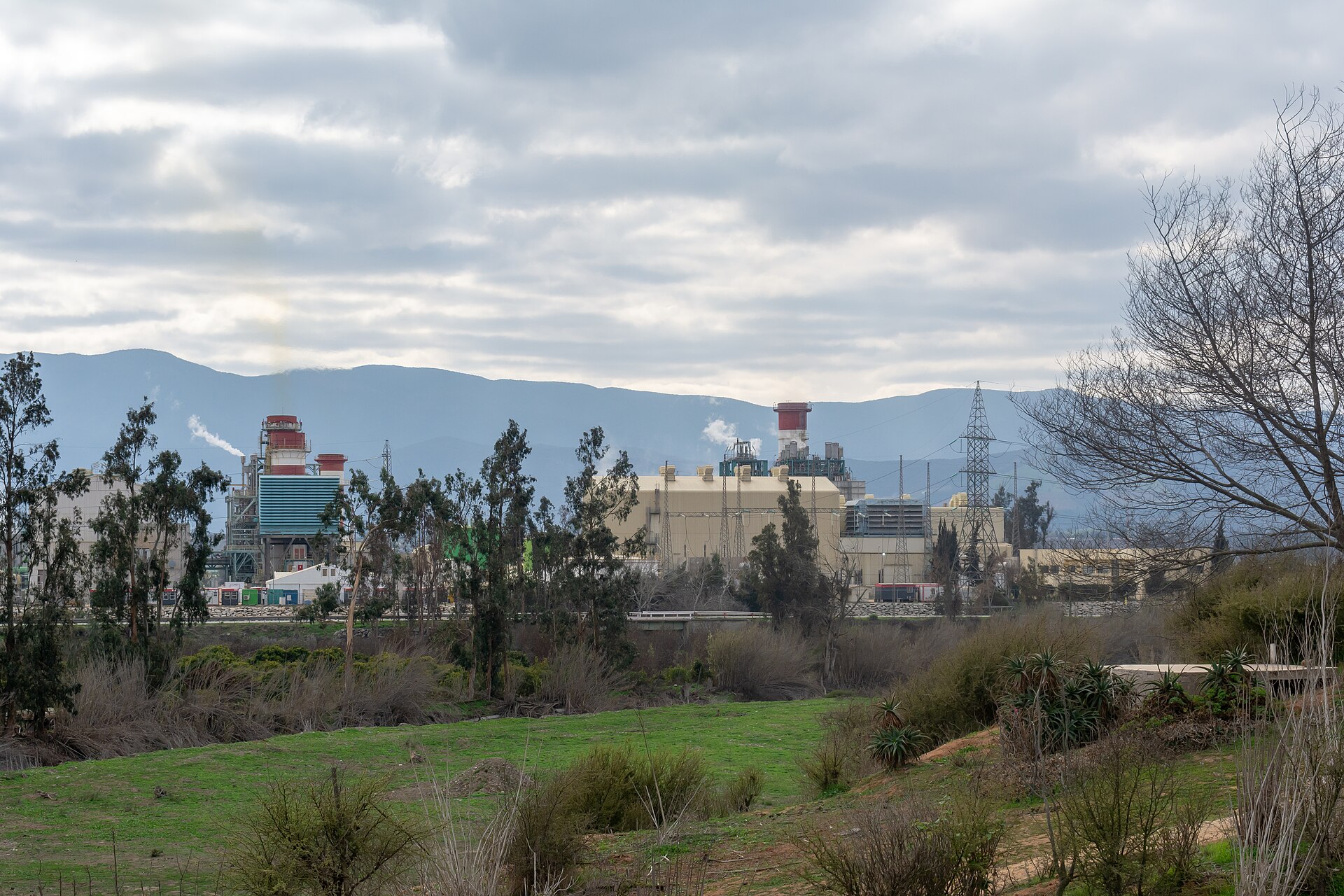 Gas-fired power station with red and white stacks and steam plumes behind trees and a pylon, with hills under a cloudy sky
