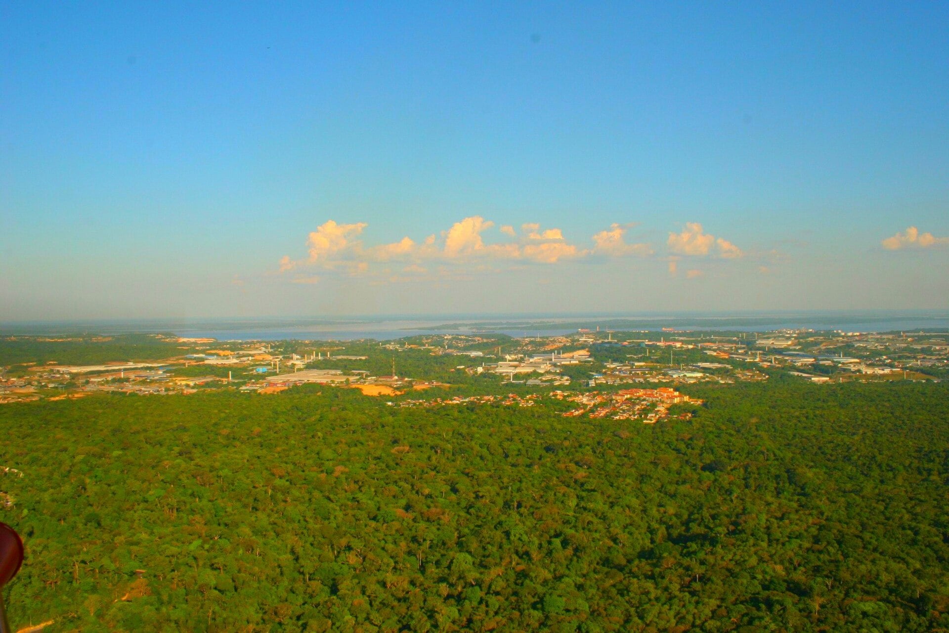 Aerial view of dense green Amazon rainforest meeting the edge of Manaus, with a wide river on the horizon